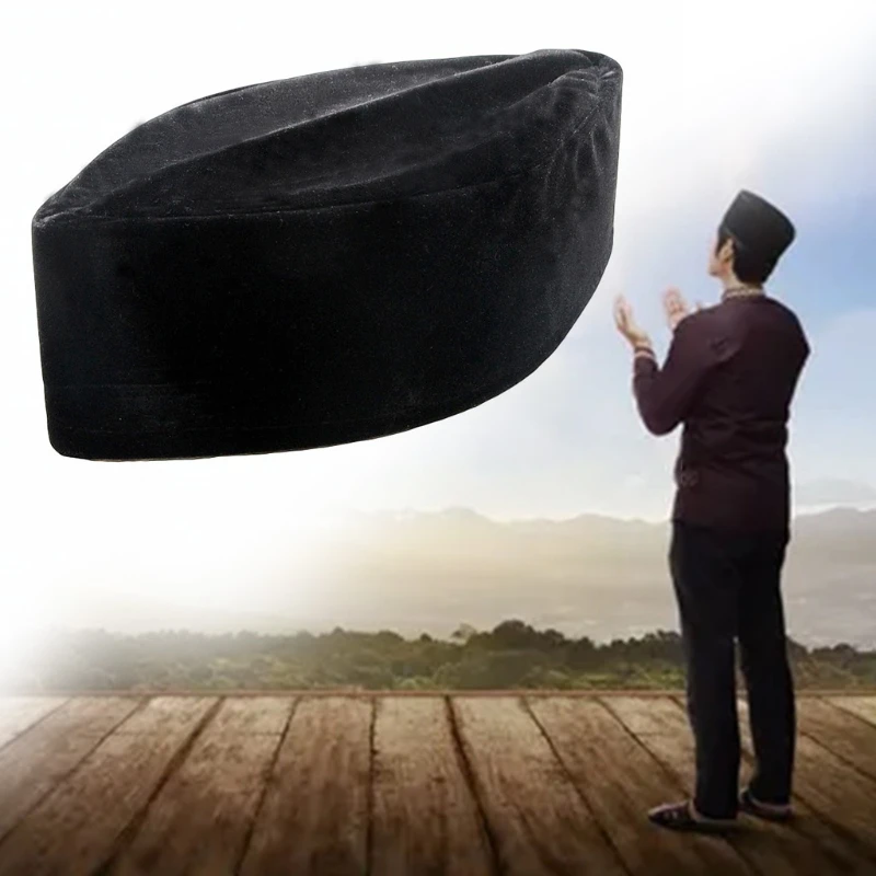 Muslim Men Velvet Black Kufi Hat Islamic Turkish Takke Prayer Cap Bonnet Turban M6CD