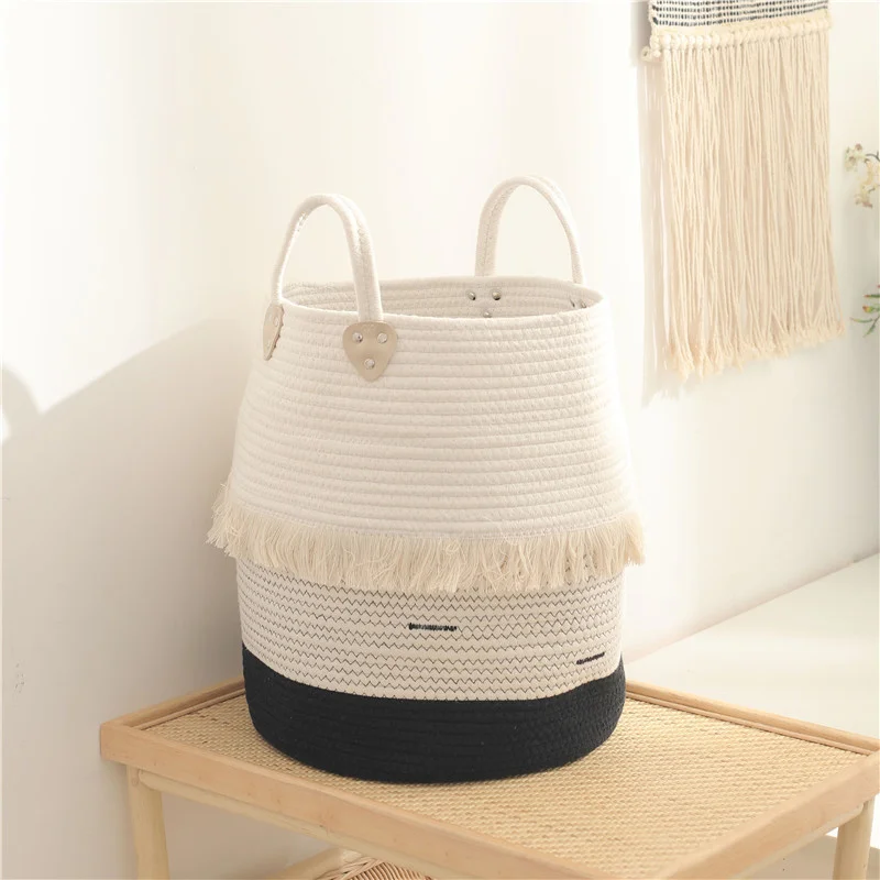 

Simple Thread Floor Dirty Clothes Storage Basket Baby Toy Sorting Basket Cotton Rope Weaving Tassel Home Organization Tools