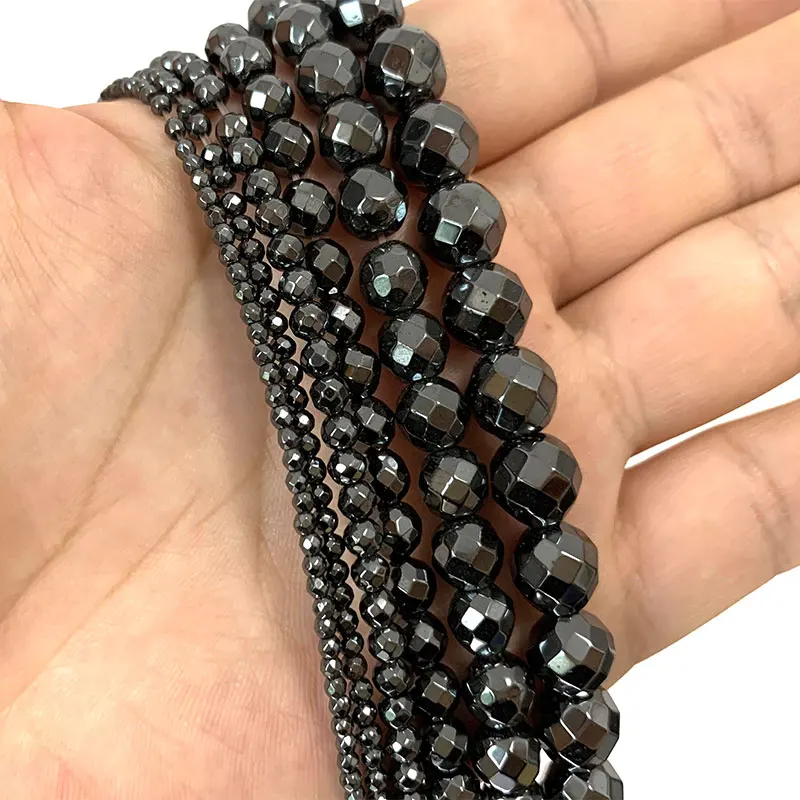 Wholesale Faceted Black Hematite  Loose Round Natural Stone Beads For Jewelry Making DIY Bracelet Necklace 2/3/4/6/8/10MM 15''