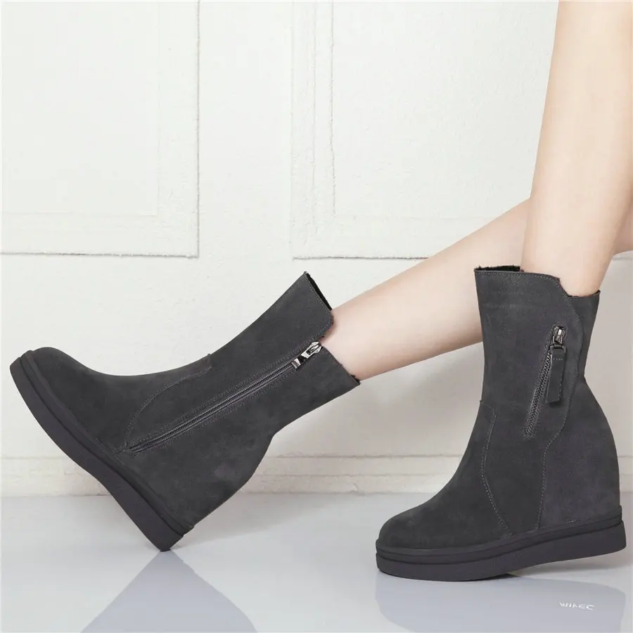 Winter Warm Women's Suede Leather Round Toe Platform Wedge Ankle Boots Round Toe High Heels Oxfords Western Booties Zipper