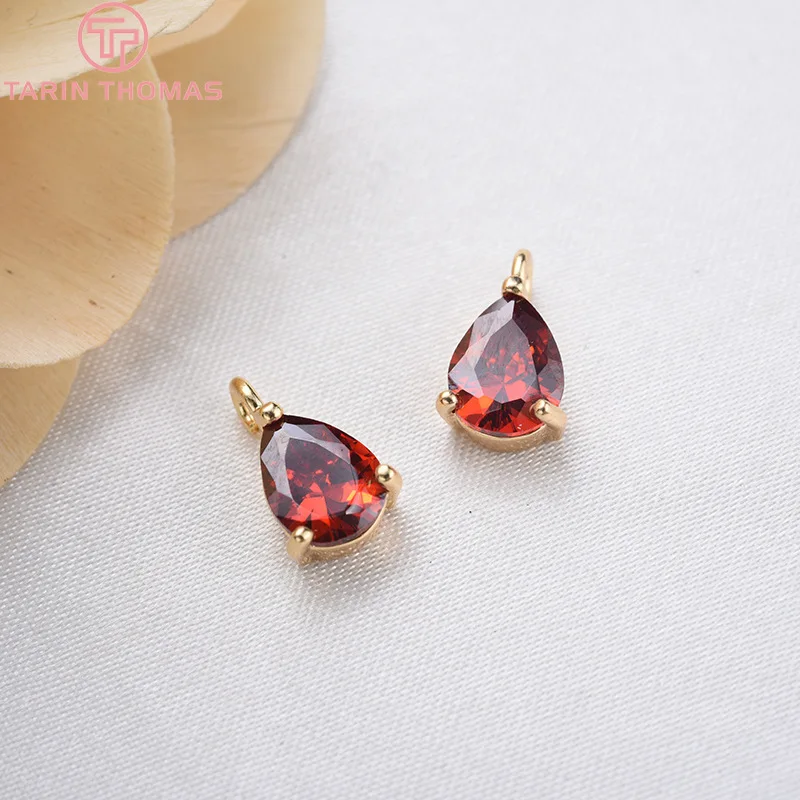 (1026)6PCS 6x8.5MM 24K Gold Color Brass with Zircon Drop Shaped Charms Pendants High Quality Diy Jewelry Findings Accessories