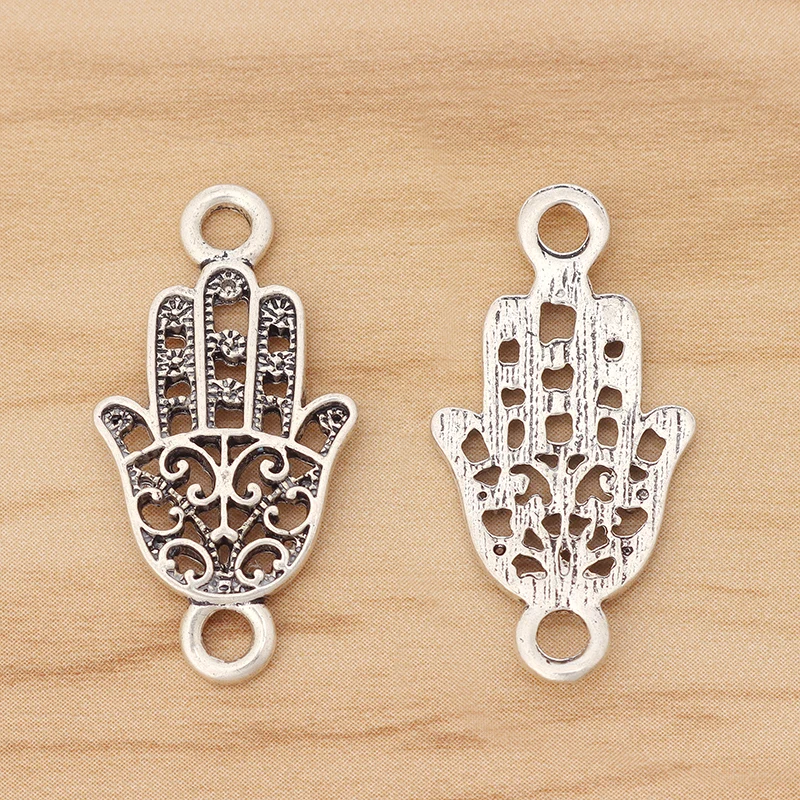 20 Pieces Tibetan Silver Hollow Open Hamsa Hand Connector Charms for DIY Bracelet Jewellery Making Findings Accessories 32x17mm