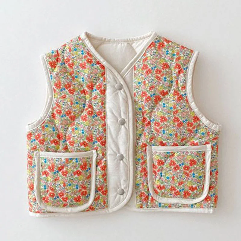 2024 Autumn New Baby Floral Sleeveless Coat Cotton Kids Warm Vest For Girls Clothes Fashion Baby Boy Double Sided Windproof Vest