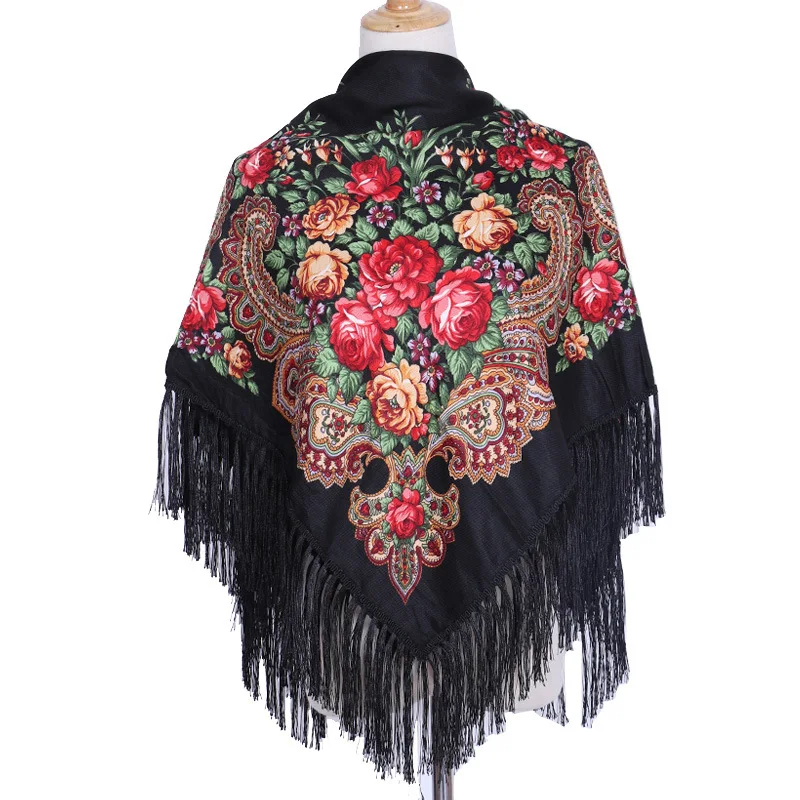 90*90cm Enthic Style Russian Women\'s Square Scarf Shawl Retro National Fringed Print Scarves Winter Ladies Head Wraps Hijab