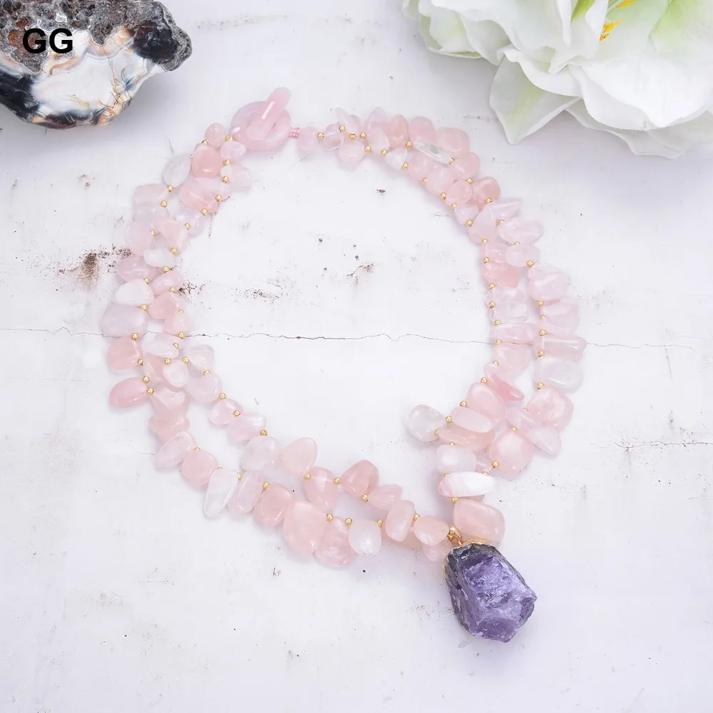 GG Natural Rose Quartz Gems Stone Geode Purple Amethyst Pendant Necklace For Women