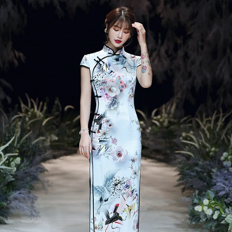 

Satin Lady Chinese Dress Print Flower Long Cheongsam Oversized 4XL Vestidso Mandarin Collar Vintage Elegant Evening Party Gown