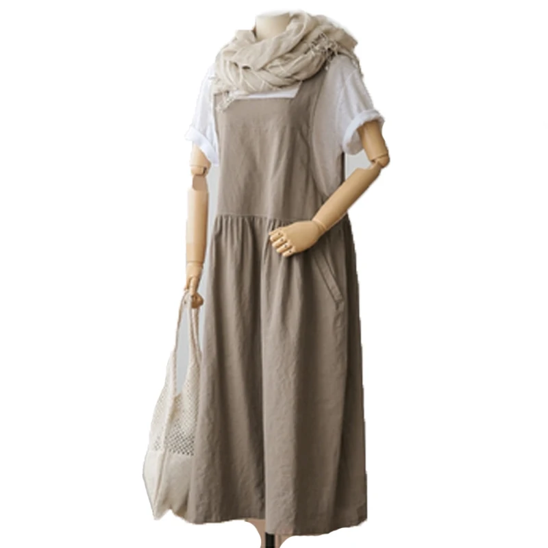 New 2026 Summer plus Size XL-5XL Cotton Linen Women\'s Sleeveless Tank Vestido Dress with Pockets Ladies Robe Style Clothing KE02