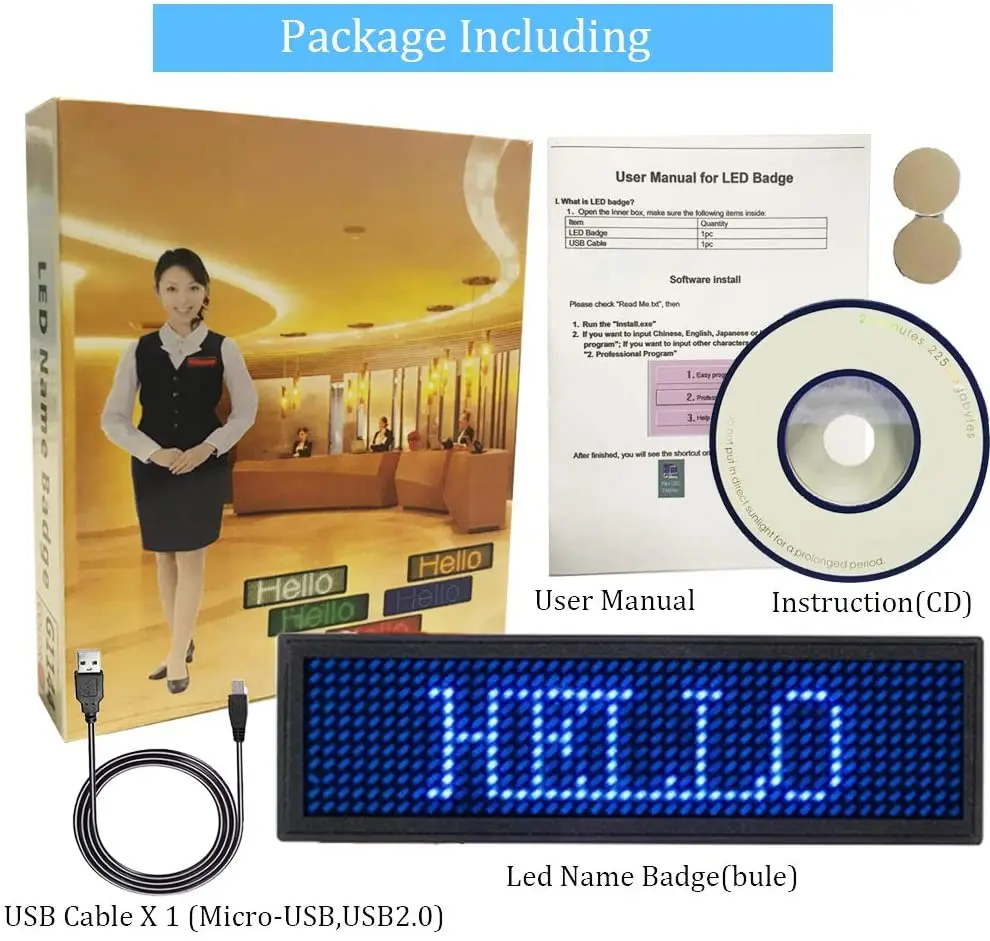 LED Name Tag LED Name Badge Rechargeable LED Business Card Sign with 44x11 Pixel USB Programming Digital Display for  Hotel-Blue
