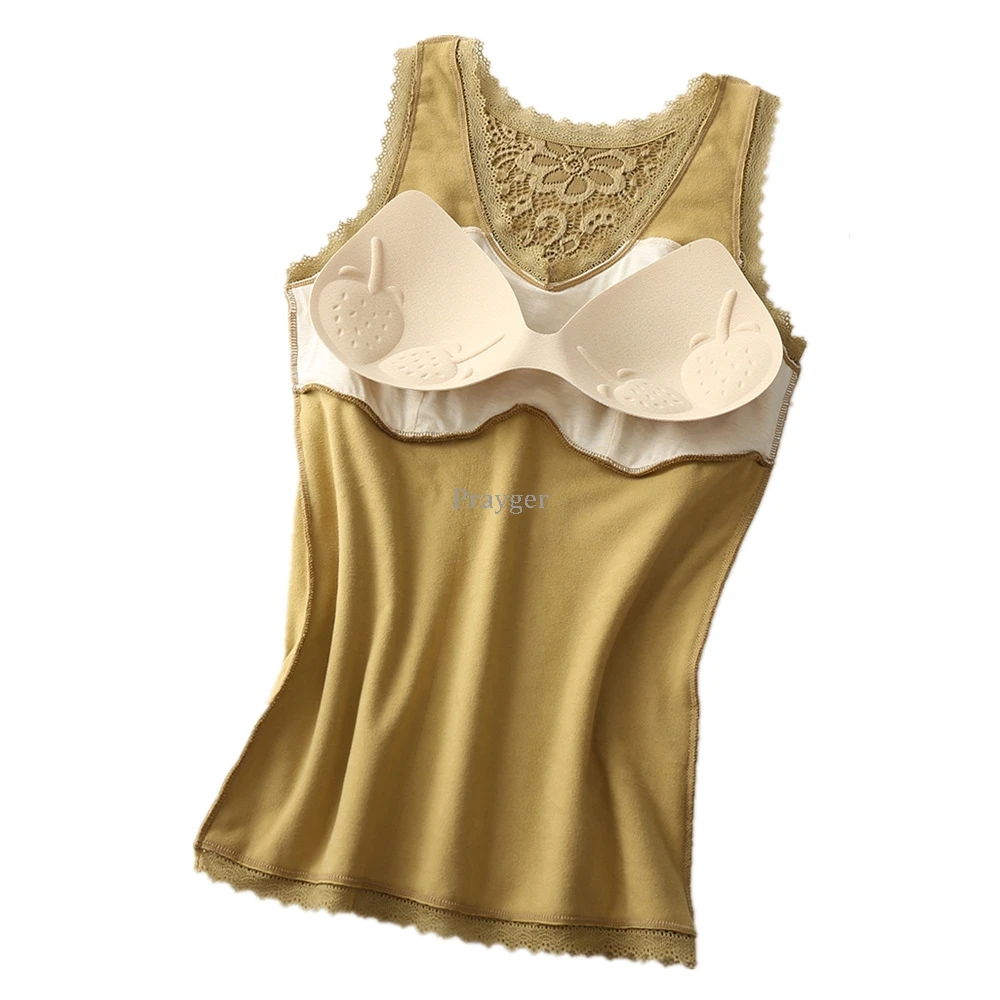 Women Thermal Underwear Winter Warm Body Tops Slim Waist Vest Lace Removable Pads