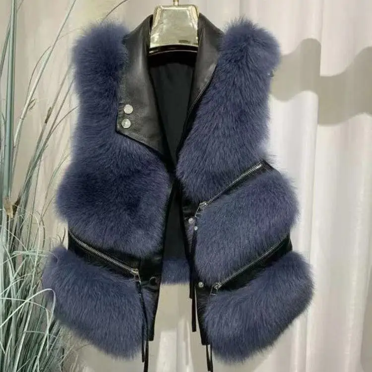 Faux Fur Vest coat women\'s Lapel sleeveless buckle Slim Fit Teddy coat 2021 high street plush fur one piece jacket