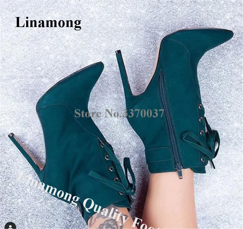 

Linamong Women Fashion Pointed Toe Suede Leather Stiletto Heel Short Boots Lace-up Blue High Heel Ankle Booties Dress Heels