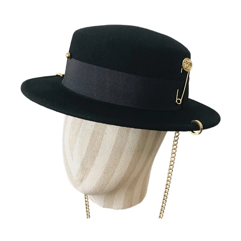 Wide Brim Fedora Hats for Women Dress Hats for Men Black Panama Hat Spring Solid Color Single Side Wool Felt Jazz Fedora Hats