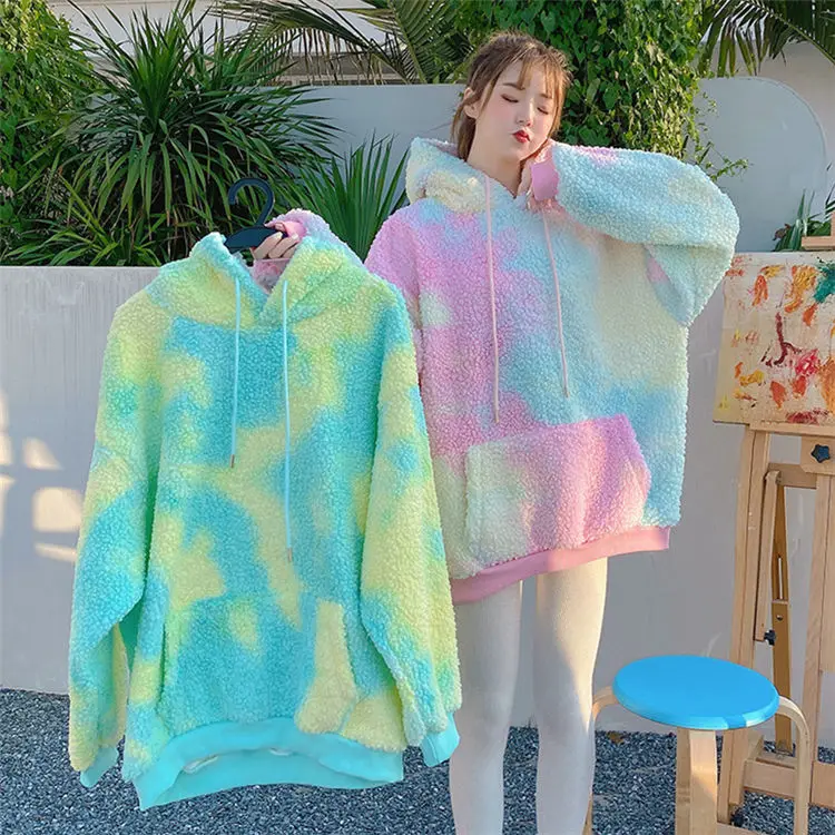 2021 New Winter Rainbow Kawaii oversize Harajuku felpe con cappuccio da donna felpa calda dolce top High Street abiti in stile coreano