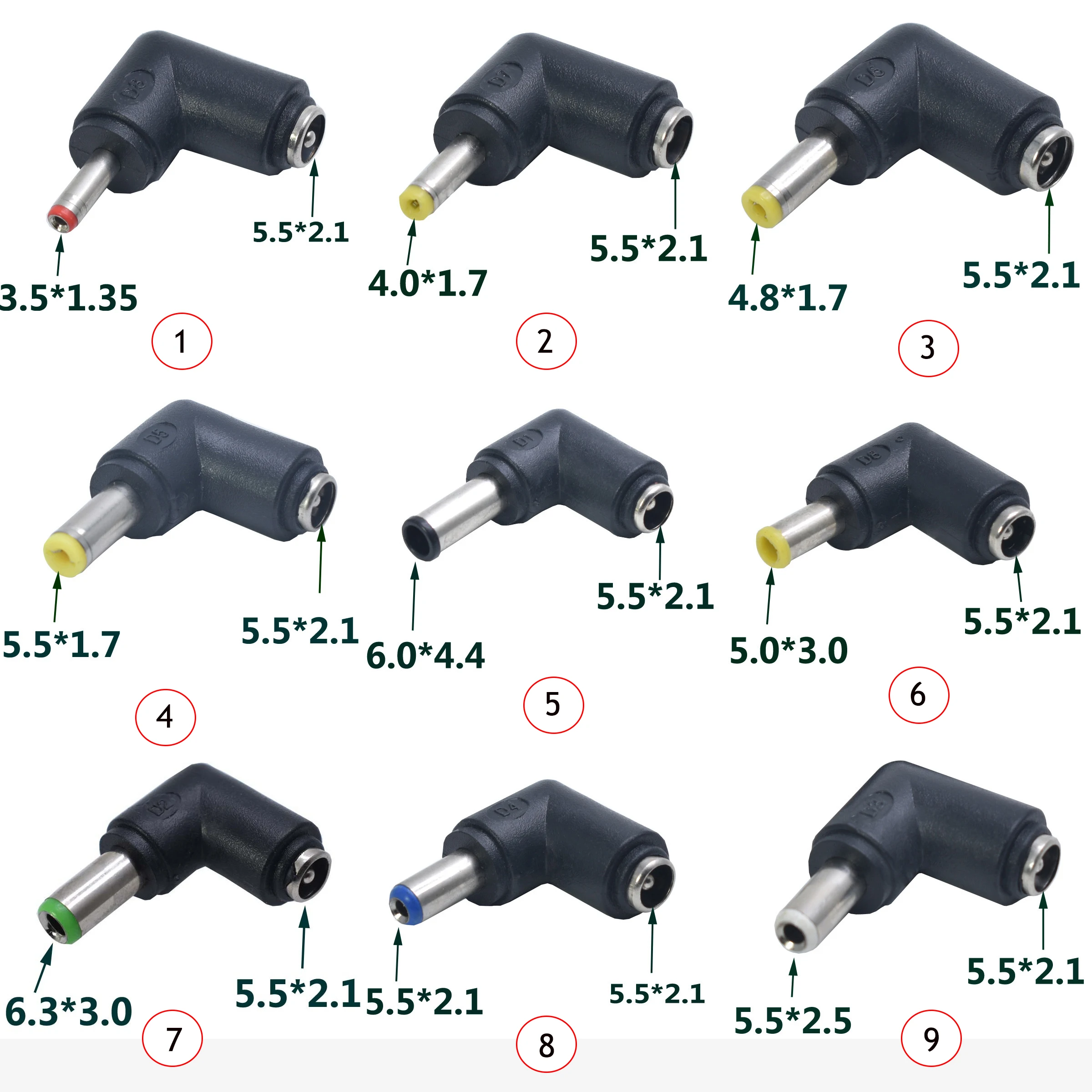 DC Connector 5.5 x 2.1MM Female Power Adapter to 3.0×1.35，5.0*3.0，4.0×1.7， 5.5×2.1，5.5×2.5，6.3×3.0，6.0×4.4MM Male 90 Degree