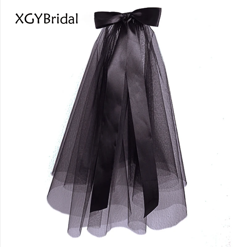 Big Bow Black Bridal Veils Short Ribbon Streamer Retro Dark Halloween Party Wedding Accessories With Hair Comb