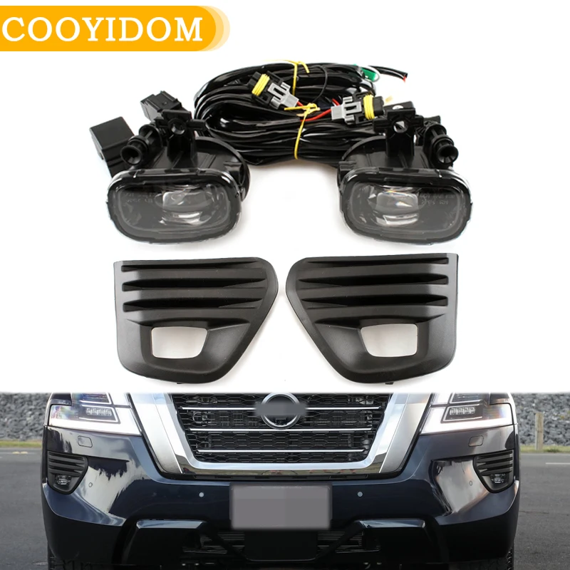 1 conjunto amortecedor dianteiro do carro nevoeiro lâmpada luz do carro nevoeiro kits completos com interruptor de lâmpada cabo bezel para nissan patrol 2020 2021