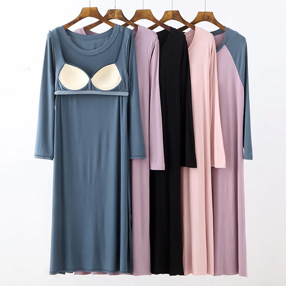 Fdfklak New Loose Sleeping Dress Nighty Night Wear 2023 Spring Autumn With Chest Pad Nightdress Long Sleeve Sleepwear Woman