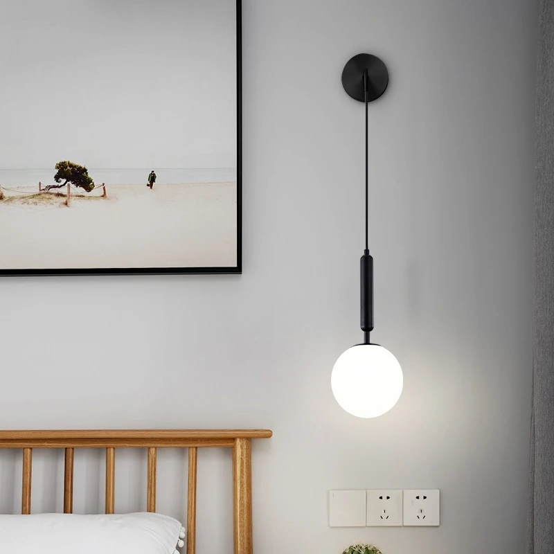 Lámparas de pared de bola de cristal modernas, lámpara de lectura de cabecera de dormitorio nórdico para sala de estar, aplique de latón/negro, luminaria