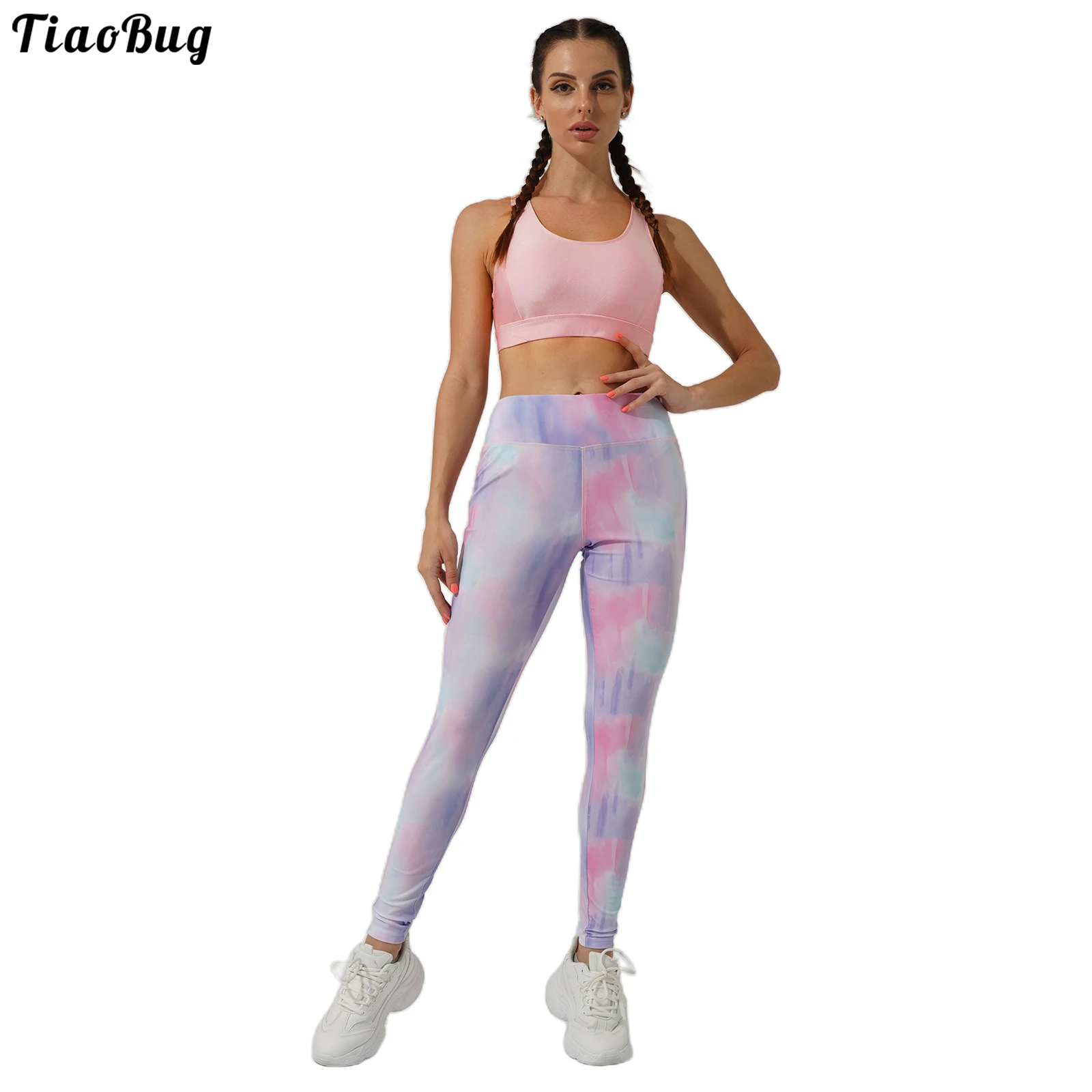 

TiaoBug Women Summer Clothing Sleeveless Racer Hollow Oval-Shape Back Padded With Printed High Waist Leggings Yoga Suit