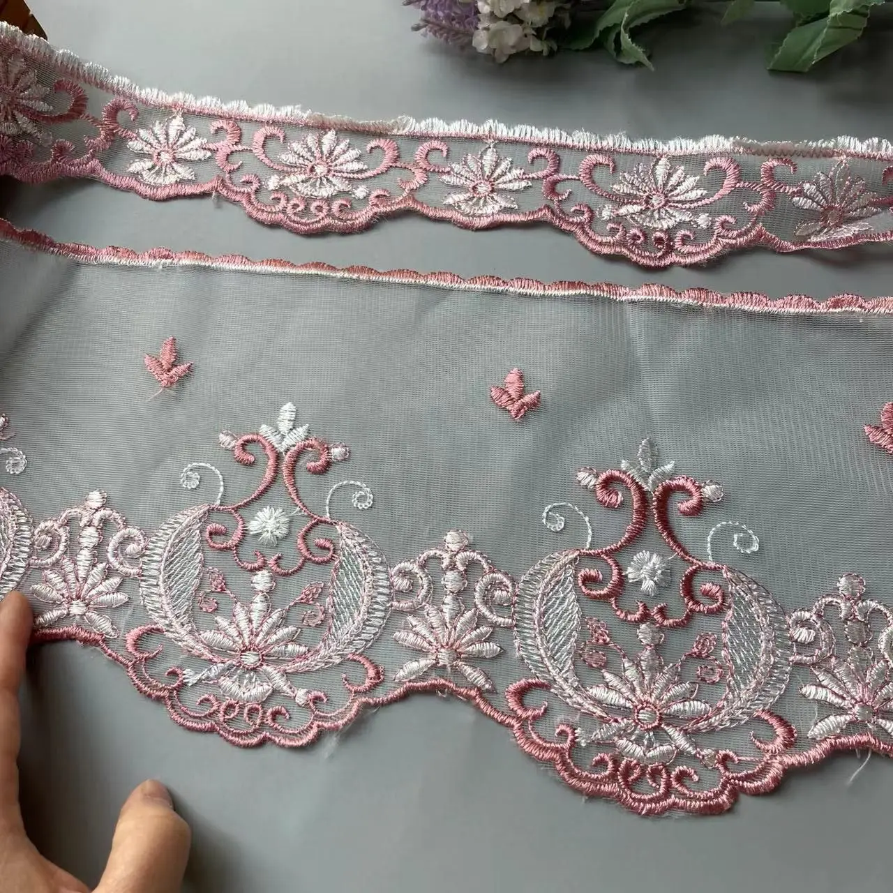 

2 Yards Pink 19 cm Mesh Embroidered Flower Lace Trims for Sofa Chair Cushion Home Textiles Trimmings Ribbon Sewing Accessories