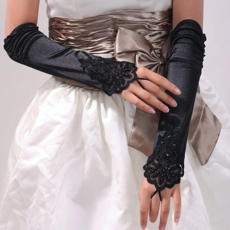 Sexy Women Female Half Finger Satin Seam Sequins Pearl Mittens Fashion Female Lace Sunscreen Driving Fingerless Dress Gloves J41