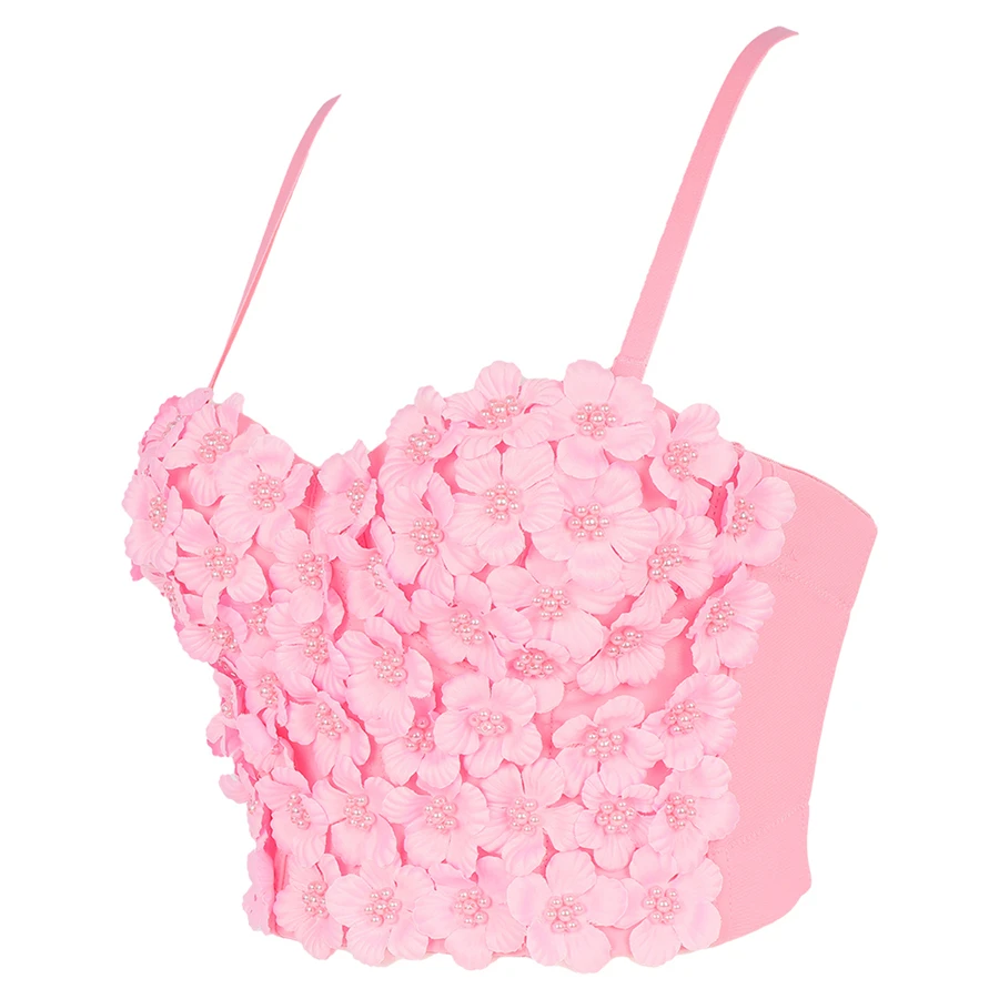 

Flower Pearl Female Crop Top With Built In Bra Women Harajuku Backless Solid Party Club Push Up Bralette Clothing