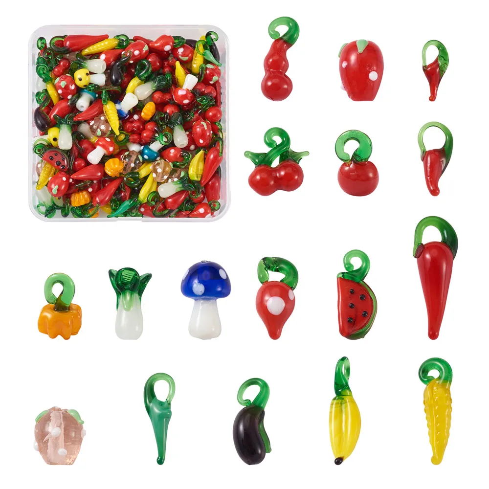 200pcs/box Handmade Lampwork Beads Pendants Mixed Fruit Vegetables Glass Charm for Jewelry Making DIY Necklace Earring Crafts