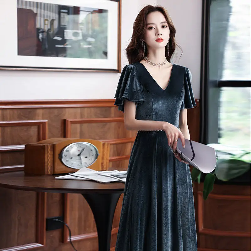 

Sexy V-Neck Short Sleeve Velour Evening Dress Back Zipper Women Formal Gowns Robe De Soiree Cheongsam 3XL