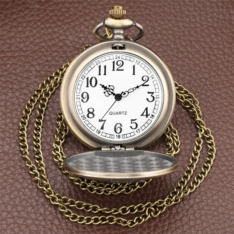 Reloj de bolsillo de cuarzo con pantalla de vaquero de bronce, reloj colgante con números árabes, reloj de bolsillo cazador completo