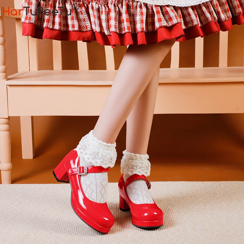 Lolita Style Girls Cosplay Mary Jane Shoes Square Heel Spring Autumn Glossy PU Leather Candy Colour Uniform Shoe Plus Size 3~17