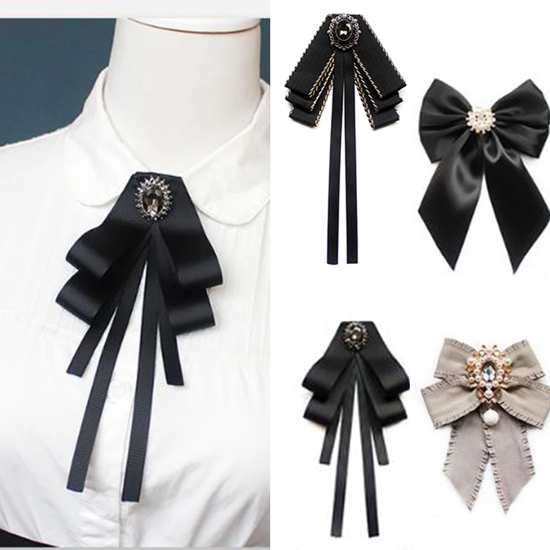 

New Female Unisex Bow Tie Brooches for Women Pearl Crystal Pendant Collar Pin Shirt Clothes Necktie Bowknot Suit Accessories