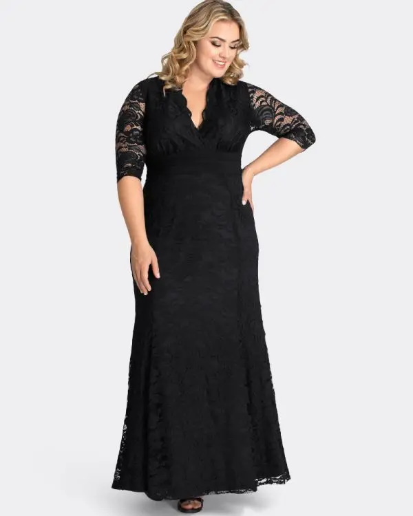 Black V-Neck Ankle-Length Lace Evening Dress For Mother