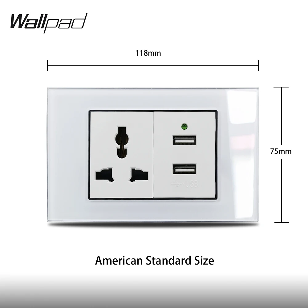 118*75mm Universal Socket and USB Wallpad L3 White Glass Frame Double Phone Pad USB Charging Outlet and Universal Power Socket