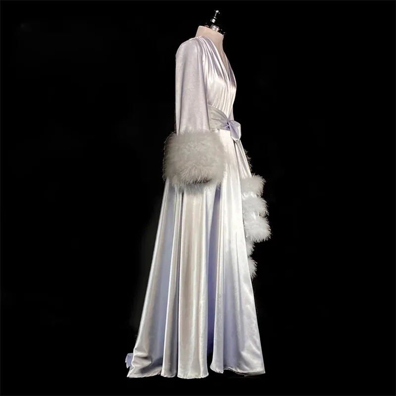 White Fur Wedding Sleepwear With Belt Soft Silk Gorgeous Night Gown For Women Long Sleeves Custom Made Woman Pajamas