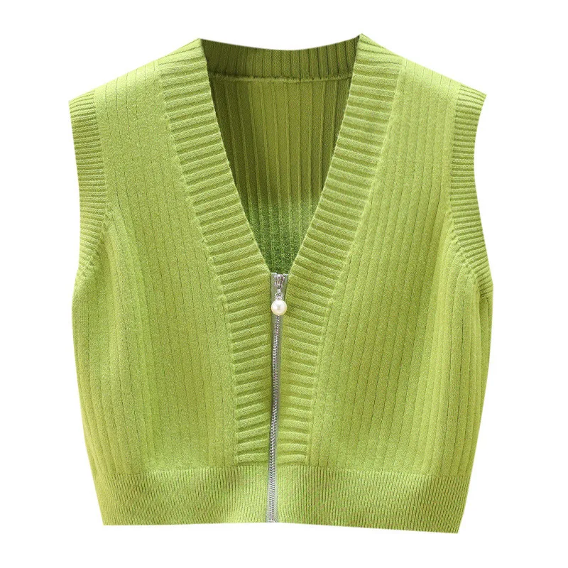 

Zipper Sweater Vest Women Sleeveless Knitted Waistcoat Spring Autumn New Korean Fashion V-Neck Short Cardigan Vests Outerwear