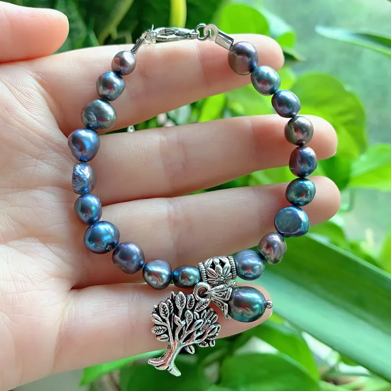 Rainbow Black Baroque Pearl Bracelets Women Natural Freshwater Pearl Bracelets Tree Charm Prayer Life Healing Reiki Meditation