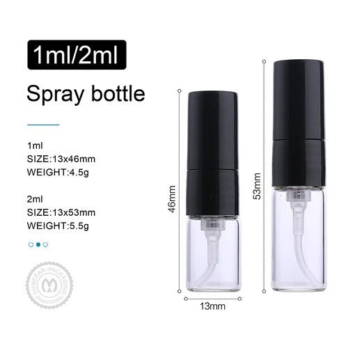 Imagen 2 del producto Minibotella vacía rellenable con espray, envases cosméticos, atomizador portátil de Perfume, color negro, 1ml, 2ml, 100 unids/lote