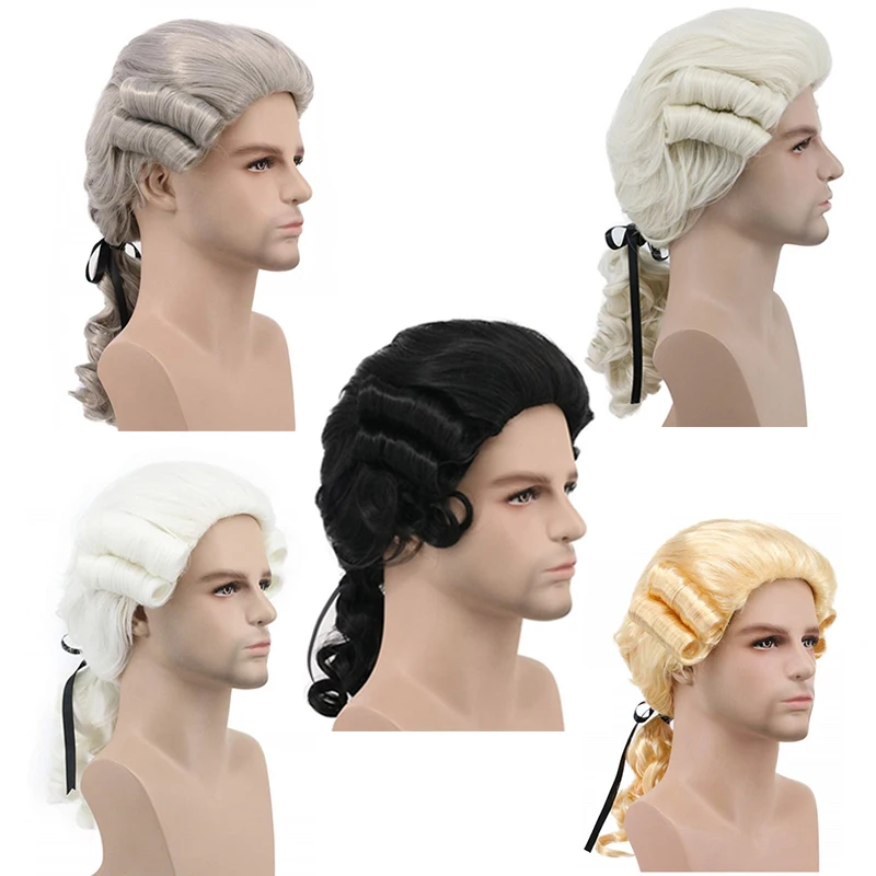 ANOGOL Synthetic Lawyer Cosplay Wig Deluxe Long Grey White Black Judge Baroque Curly Male Cosplay Wigs for Man Halloween Party