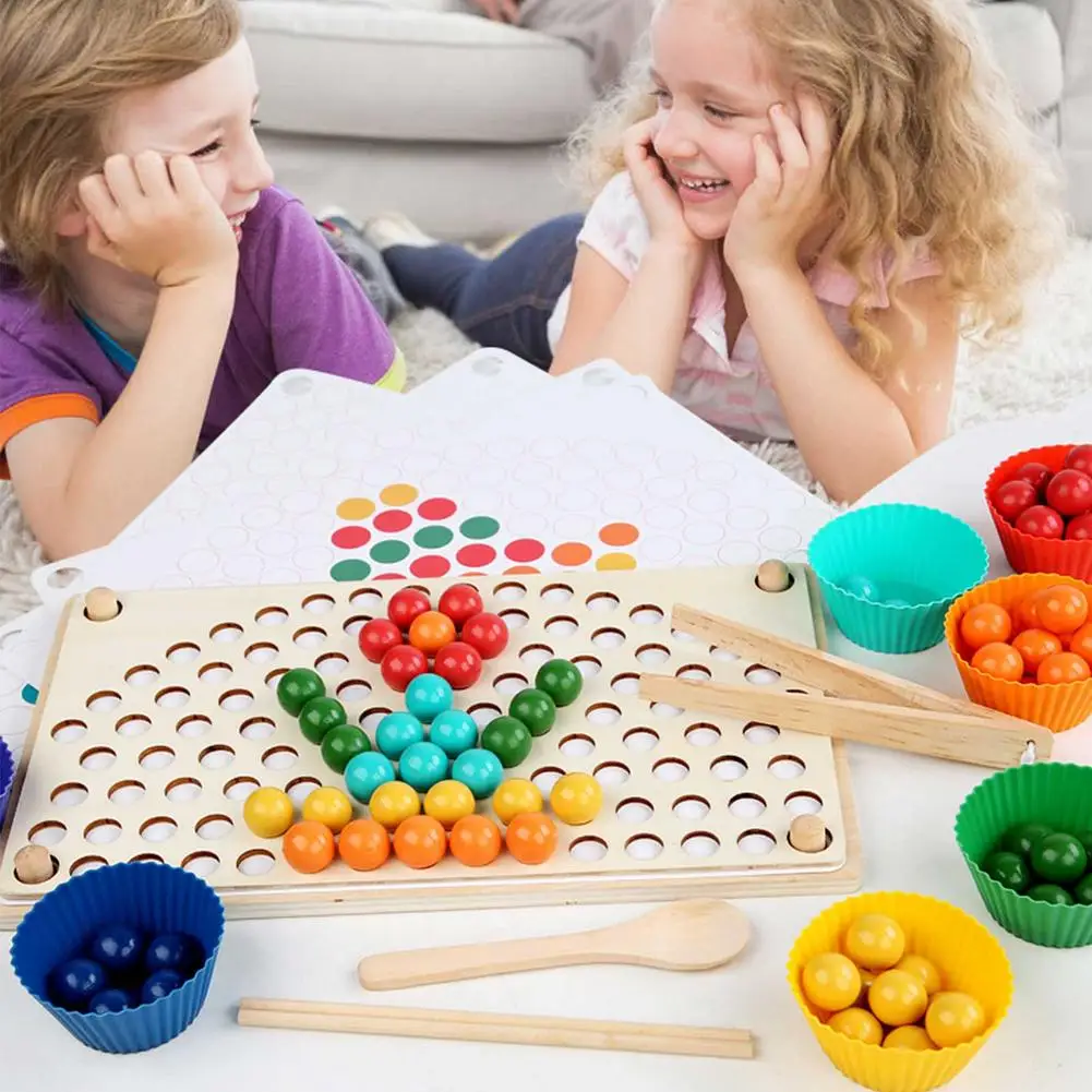 Rainbow Wooden Clip Go Game Set Dot Bead Board Game Toy Rainbow Clip Bead Hand-Eye Coordination Montessori Educational Toys