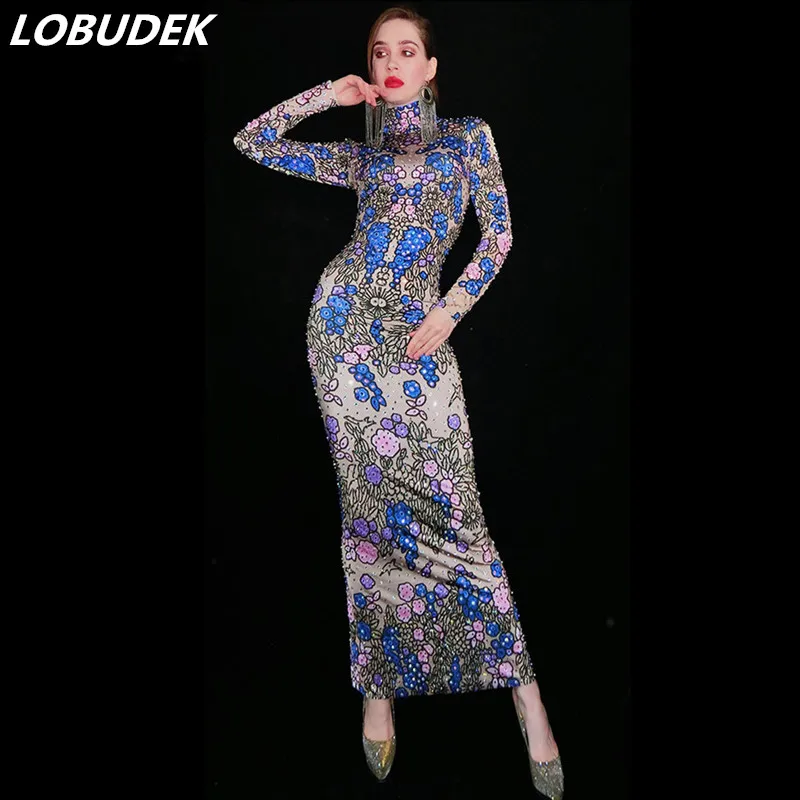 Luxury Rhinestones Floral Print Long Dress Women Celebrity Singer Evening Celebrate Catwalk Costume Birthday Prom Party Outfit