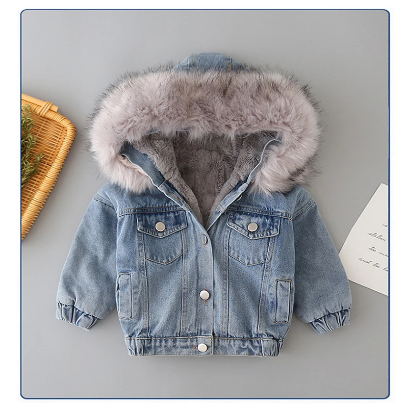 Baby Girl Deinm Jacket Winter Toddler Kids Faux Fur Hooded Fleece Warm Denim Coat 1-10Years Children Thick Outwear Coat Overcoat