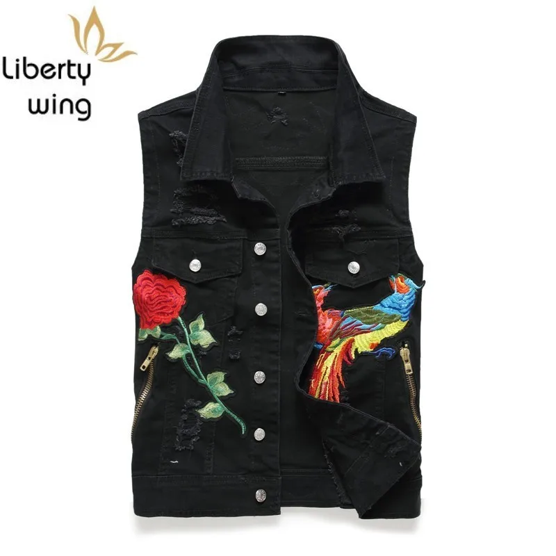 

Mens Denim Vests Fashion Summer Distressed Sleeveless Black Jaqueta Masculina Slim Fit Embroidery Flower Casual Jeans Vest