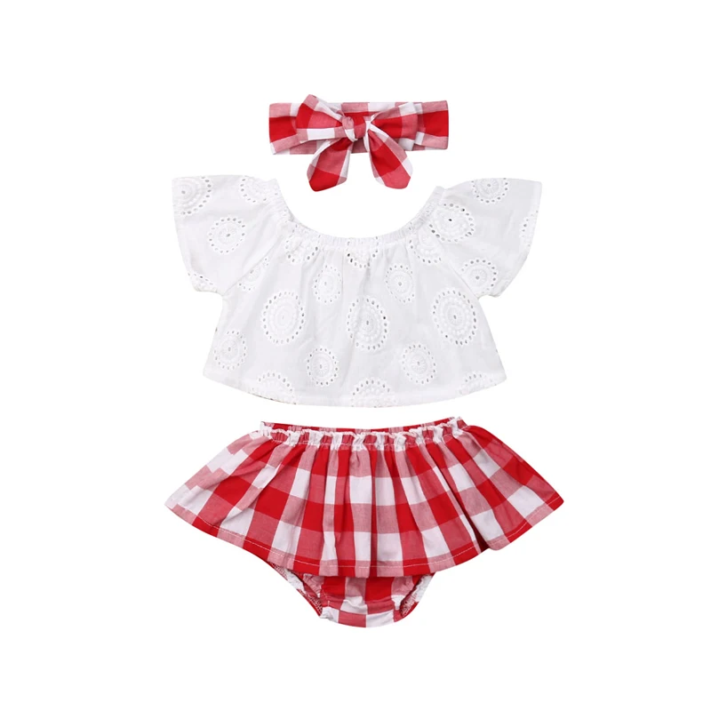 Cute Newborn Baby Girl Summer Clothes 3pcs Off Shoulder Tops+Plaid Short Dress+Headband Outfits 0-24M New