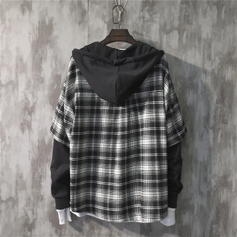 2024 New Fashion Autumn Hooded Collar Plaid Stitching Sweatshirt Men Japanese Tide Drawstring Loose Casual Hoodies 9A145