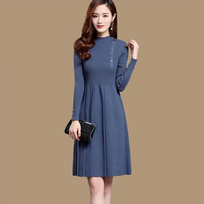 Long O-Neck Dress Casual Solid 2021 Woman Dress Office Lady Runway Fashion Knitt Dresses Sweater Dress