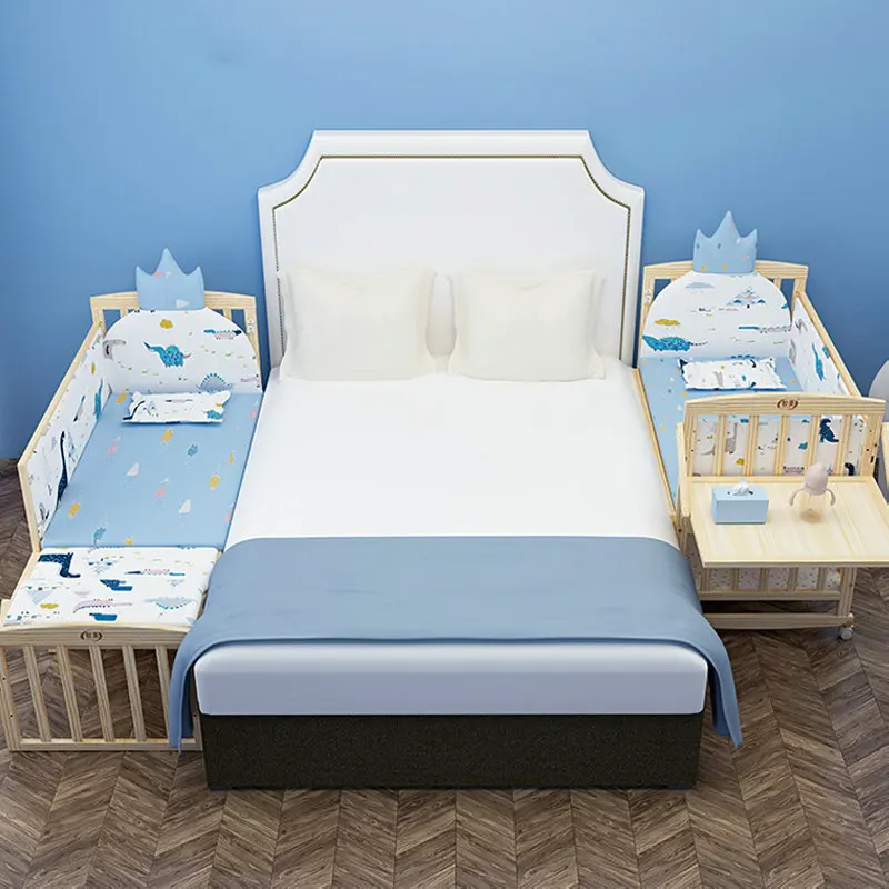 Solid Pine Wood Baby Crib Stitching Big Bed, Multifunctional Kid Cot Can Extend To 168cm Suit For Elder Children