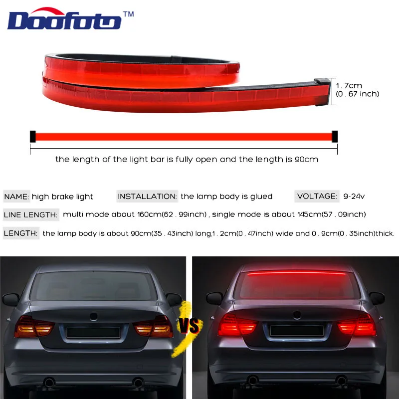 90cm Car High Mount Brake Stop Lights Additional Brake Lamp Warning Turn Signal Car LED Safety Light Strips Waterproof