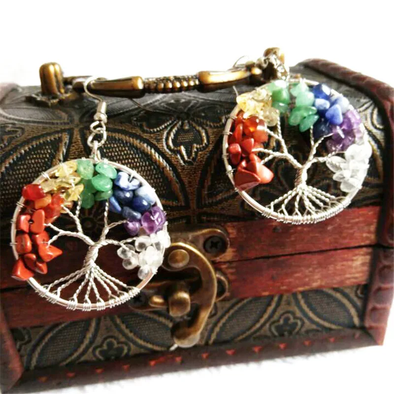 Charms 7 Chakra Natural Stone Tree Of Life Pendulum Crystal Earrings For Women Healing Drop Pendant Earring Quartz Reiki Jewelry