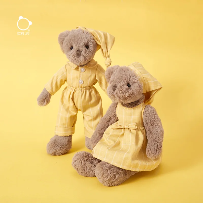 

30cm Yellow Pajamas Couple Teddy Bear Soft Stuffed Animal Doll Kawai Plush Toys Baby Shower Christmas Kids Gifts Girl Present