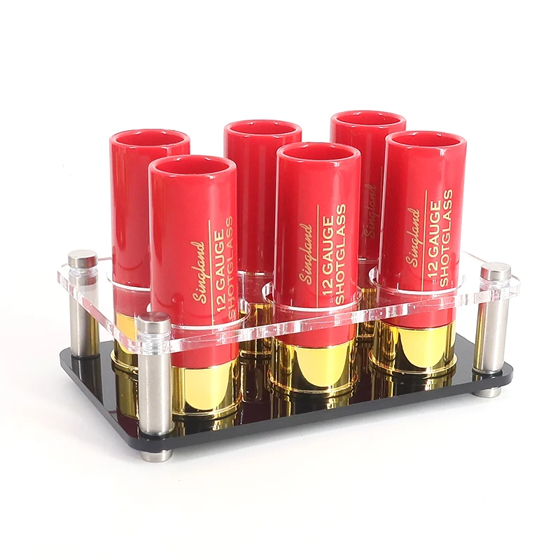 Hunting Gift 12 Gauge Shotgun Shell Shot Glasses Set with Acrylic Cup Holder Tray for Barware Whisky Brandy Vodka Rum Tequila